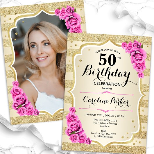 Invitation Elégant Gold Pink Photo 50e anniversaire