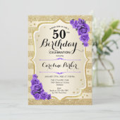 Invitation Elégant Gold Purple Photo 50e anniversaire (Debout devant)