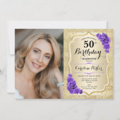 Invitation Elégant Gold Purple Photo 50e anniversaire (Devant)