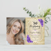Invitation Elégant Gold Purple Photo 50e anniversaire (Debout devant)