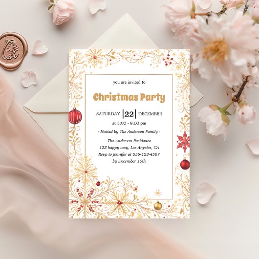 Invitation Elegant Gold & Red Ornaments Christmas Party      