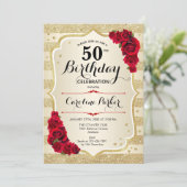 Invitation Elégant Gold Red Photo 50th Birthday (Debout devant)