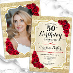 Invitation Elégant Gold Red Photo 50th Birthday<br><div class="desc">Elégante invitation à 50e anniversaire fleurie avec votre photo au verso de la carte. Design de glam avec de l'or de parties scintillant imitation. Comprend des rayures d'or, des roses rouges, des caractères de script et des confettis. Parfait pour une fête anniversaire adulte élégante. Personnalisez avec vos propres détails. Peut...</div>