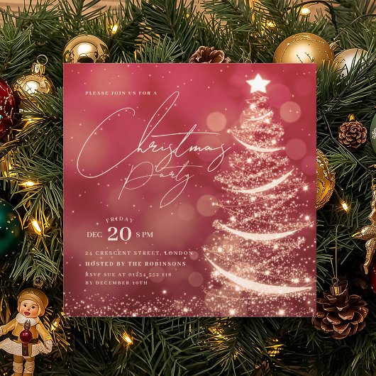 Invitation ELEGANT Gold Red Winter Christmas Tree Party