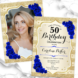 Invitation Elégant Gold Royal Blue Photo 50e anniversaire
