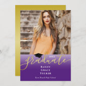 Invitation Elégant Gold Royal Purple Photo Graduation (Devant / Derrière)