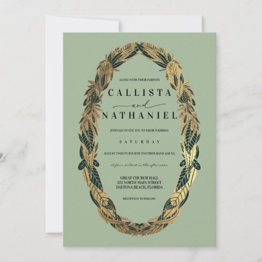 Invitation Elégant Gold Sage Vert verdure Feuille Mariage (Devant)