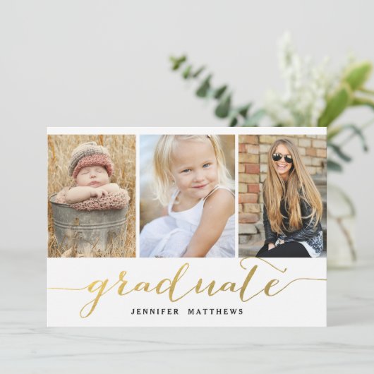 Invitation Élégant Gold Script 3 Photo Graduation Party (Debout devant)
