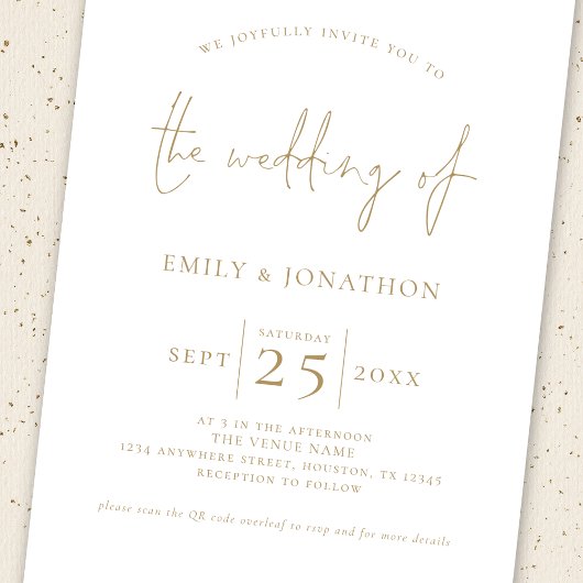 Invitation Élégant Gold Script 3 Photos QR Code Mariage