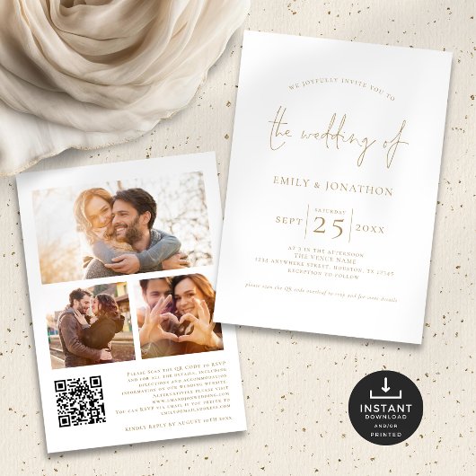 Invitation Élégant Gold Script 3 Photos QR Code Mariage