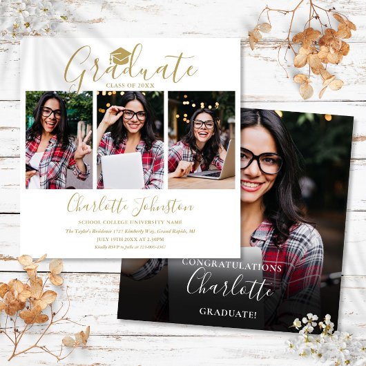 Invitation Élégant Gold Script 4 Photo Graduation Party