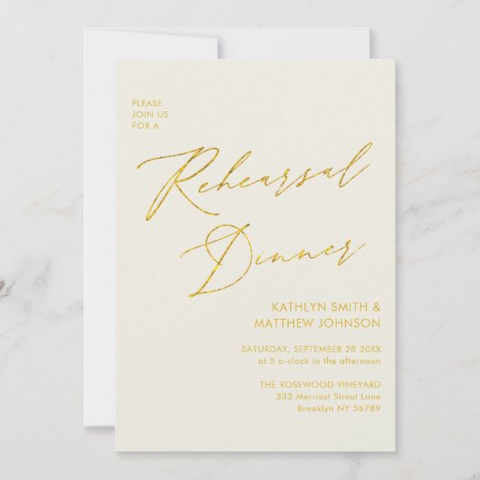 Invitation Élégant Gold Script Cream Rehearsal Dinner Code QR (Devant)