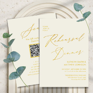 Invitation Élégant Gold Script Cream Rehearsal Dinner Code QR