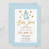 Invitation Élégant Gold Script Cute Blue Dinosaur Baby shower (Devant / Derrière)