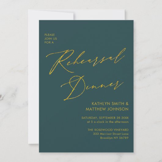 Invitation Élégant Gold Script Green Rehearsal Dinner Code QR (Devant)