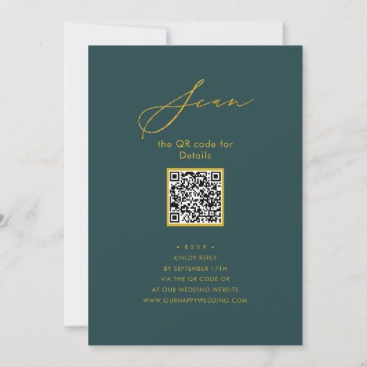 Invitation Élégant Gold Script Green Rehearsal Dinner Code QR (Dos)