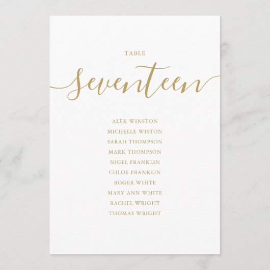 Invitation Élégant Gold Script Table Numéro 17 Seating Chart (Dos)