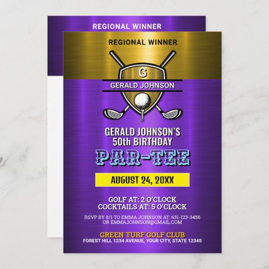 Invitation Elégant Gold Shield Golf Monogramme Design (Devant / Derrière)