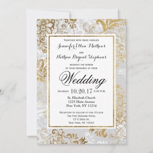Invitation Elegant Gold Silver et Grey Floral Wedding Invitat (Devant)