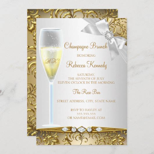 Invitation Elégant Gold Silver White Champagne Brunch (Devant / Derrière)