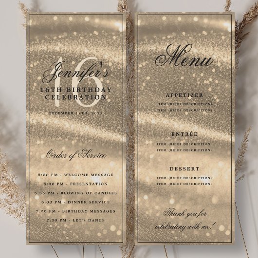 Invitation Elegant Gold Sparkle 16th Birthday Program Menu