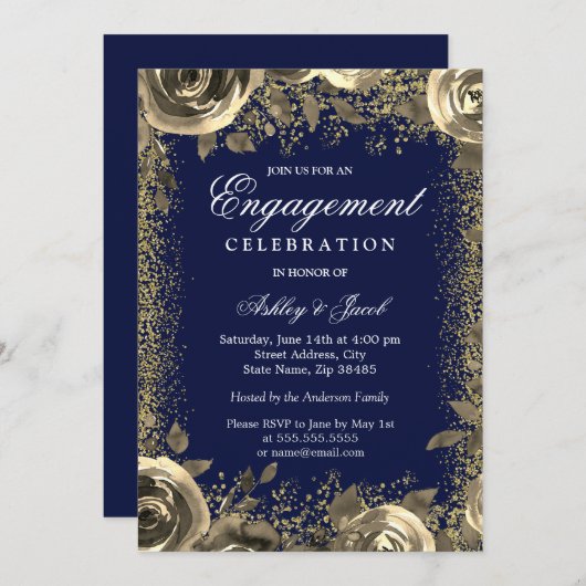 Invitation Elegant Gold Sparkle Parties scintillant d'engagem (Devant / Derrière)