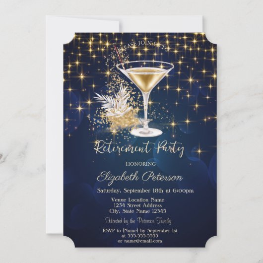Invitation Elégant Gold Stars Champagne Navy Blue Retirement (Devant)