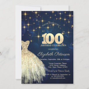 Invitation Elégant Gold Stars habiller Marine bleu 100e anniv