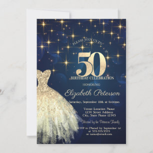 Invitation Elégant Gold Stars habiller Marine bleu 50e annive