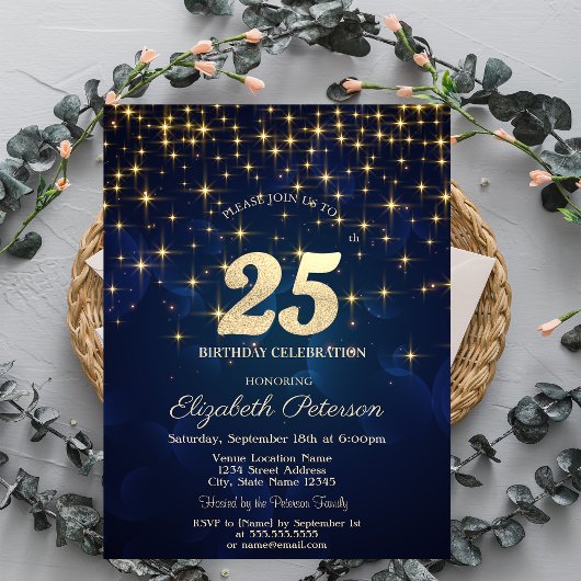 Invitation Elégant Gold Stars Marine Blue 25e anniversaire fê