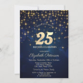 Invitation Elégant Gold Stars Marine Blue 25e anniversaire fê (Devant)