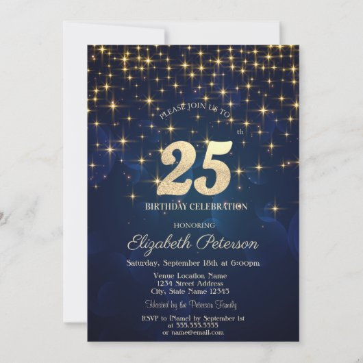 Invitation Elégant Gold Stars Marine Blue 25e anniversaire fê (Devant)