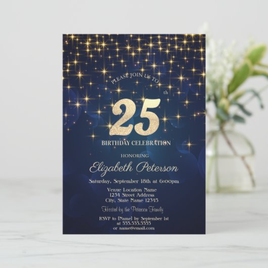 Invitation Elégant Gold Stars Marine Blue 25e anniversaire fê (Debout devant)