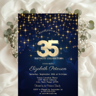 Invitation Elégant Gold Stars Marine Blue 35e anniversaire fê