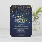 Invitation Elégant Gold Stars Marine Blue Sweet 16 (Debout devant)