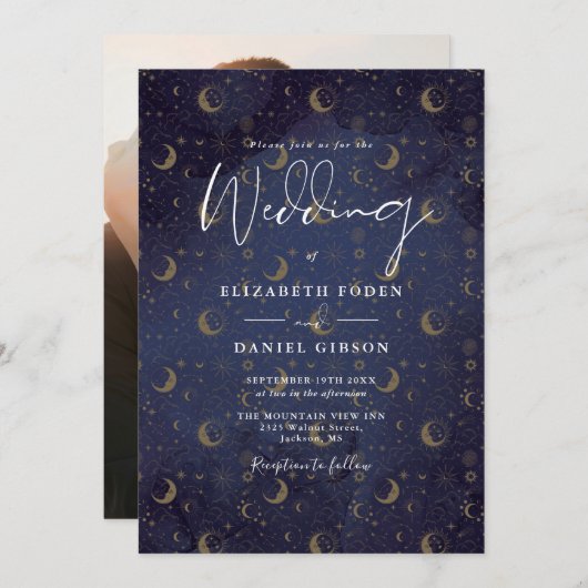 Invitation Elégant Gold Stars Moon Photo Mariage céleste (Devant / Derrière)