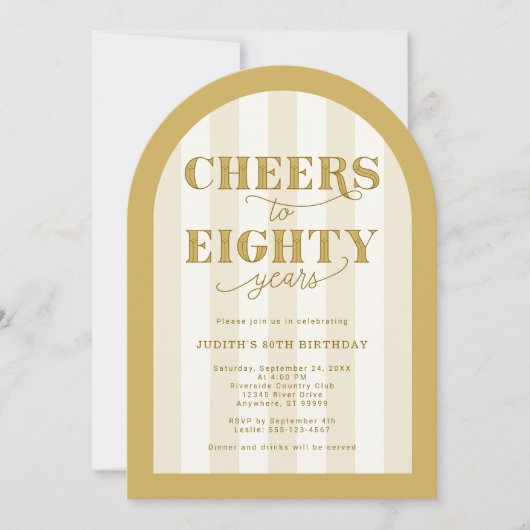 Invitation Elegant Gold Striped Cheers to 80 Years Birthday (Devant)