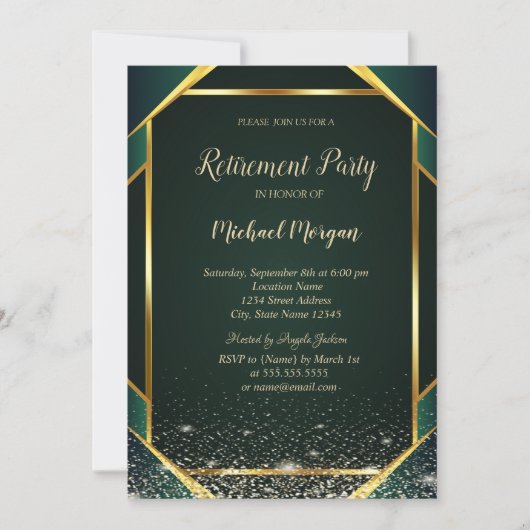Invitation Elegant Gold Striped Confetti Green Retirement (Devant)
