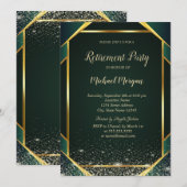 Invitation Elegant Gold Striped Confetti Green Retirement (Devant / Derrière)