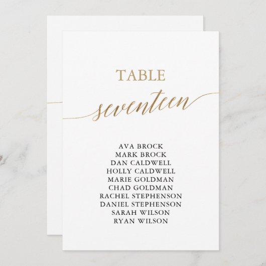 Invitation Élégant Gold Table Numéro 17 Seating Chart (Devant / Derrière)