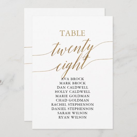 Invitation Élégant Gold Table Numéro 28 Seating Chart (Devant / Derrière)