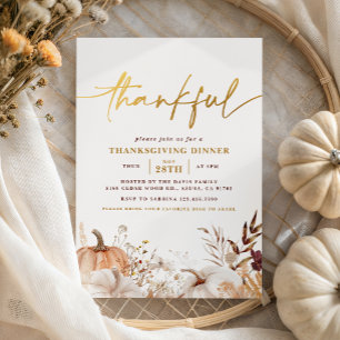 Invitation Elégant Gold Thankful Fall Thanksgiving Dîner