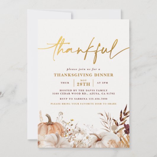 Invitation Elégant Gold Thankful Fall Thanksgiving Dîner (Devant)