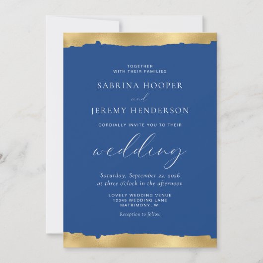 Invitation Elégant Gold Torn Edge Indigo Mariage bleu (Devant)