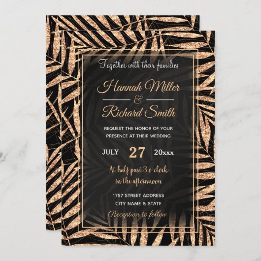 Invitation Elégant Gold Tropical Palm Feuille Black Design (Devant / Derrière)