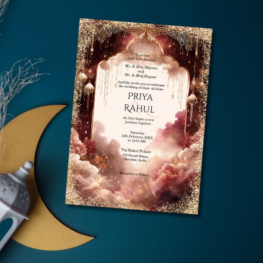 Invitation Elegant Gold Vintage Maroon Indian Wedding