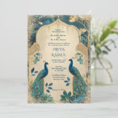 Invitation Elegant Gold Vintage Peacocks Indian Wedding (Debout devant)
