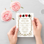 Invitation Elegant Gold White Casino Las Vegas Poker Mariage<br><div class="desc">Unique Casino Royale, design de carte à thème art déco. Il présente un style art déco vintage, un cadre hollywoodien des années 1920 avec un faux film d'or Fleur-de-lis, jouant des costumes de cartes sur l'arrière - plan motif Art déco noir or. Des termes spéciaux sont utilisés comme dans le...</div>