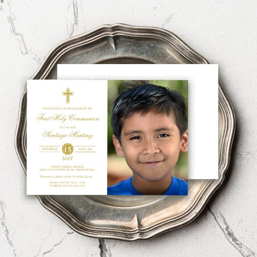 Invitation Elégant Gold White First Communion Photo Boy