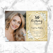 Invitation Elégant Gold White Photo 50e anniversaire